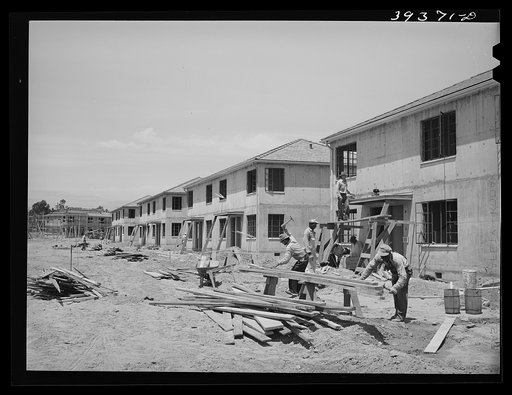 Houses under construction at the Navy defense housing project for enlisted men in the Marines and Navy. San Diego, California