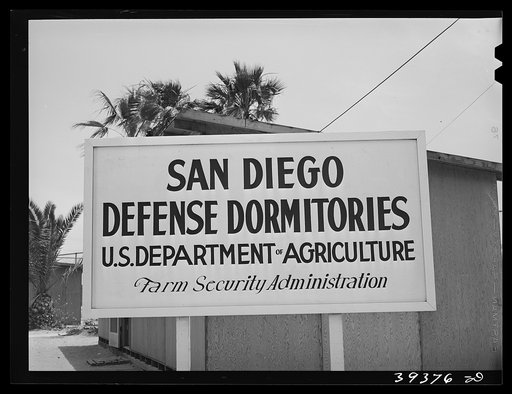 Sign at the FSA (Farm Security Administration) defense housing project. San Diego, California