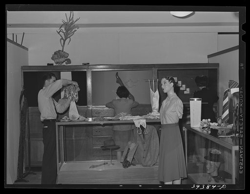 Untitled photo, possibly related to: Merchandise display in retail sales class at the San Diego Vocational School. Day students at this school attend classes in the morning and must work in some local store for at least fifteen hours a week. San Diego, California