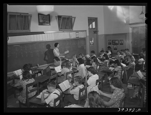Music class at the Balboa School, San Diego. The crowded condition of schoolrooms is obvious. California