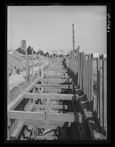Construction work of the sewage disposal plant and sewer lines leading to it. About ten miles of sewer pipe are being laid on this project. San Diego, California