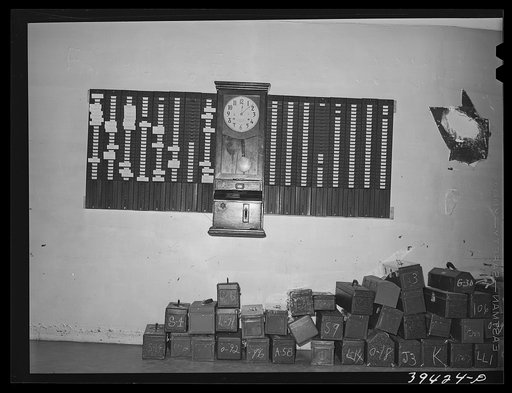 Time clock and tool boxes at the vocational school for aircraft construction workers. San Diego, California