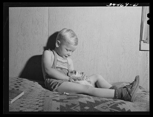Little boy, son of farm worker, in his home at the FSA (Farm Security Administration) labor camp. Caldwell, Idaho