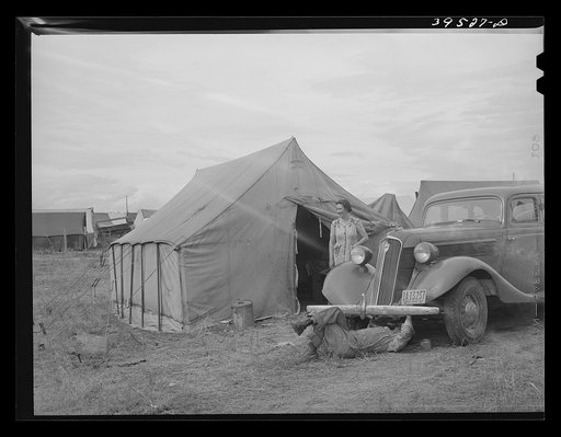 Untitled photo, possibly related to: Tents and trailers in pea pickers' (labor contractor) camp. Canyon County, Idaho