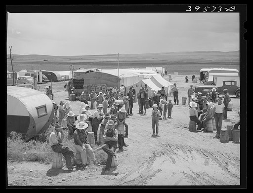 Pea pickers gathering to go to the fields. Canyon County, Idaho. This is a labor contractor's camp