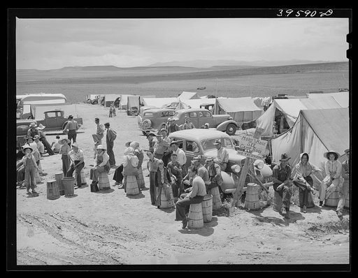 Labor contractor's pea pickers camp. Canyon County, Idaho. The people are waiting to go to the fields