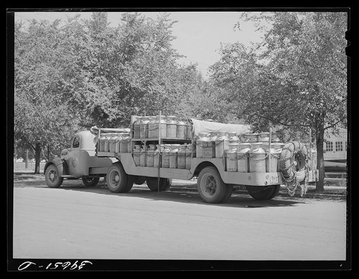Truckload of milk cans of the Dairymen's Cooperative Creamery. Caldwell, Canyon County, Idaho. This cooperative handles about fifty percent of the creamery products of the Boise Valley; five other creameries handle the other fifty percent