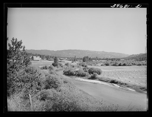 Scene in Garden Valley, Boise County, Idaho. The valley is lush and green, spotted with small farms and the many hay fields indicate the importance of dairying