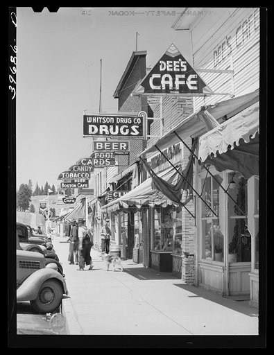 Untitled photo, possibly related to: Street scene. Cascade, Idaho. Cascade is a microcosm of Idaho's past and present--all the industries of the state, including lumbering, mining, agriculture, stock raising and tourist trade are apportioned to this town and its valley
