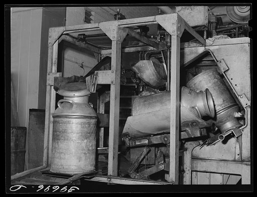 Milk cans coming out of sterilizer at the Dairymen's Creamery. Caldwell, Canyon County, Idaho