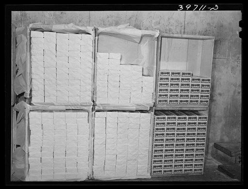 Pound packages of butter at the Dairymen's Cooperative Creamery. Caldwell, Canyon County, Idaho. Challenge is a cooperative marketing association to which the co-op belongs