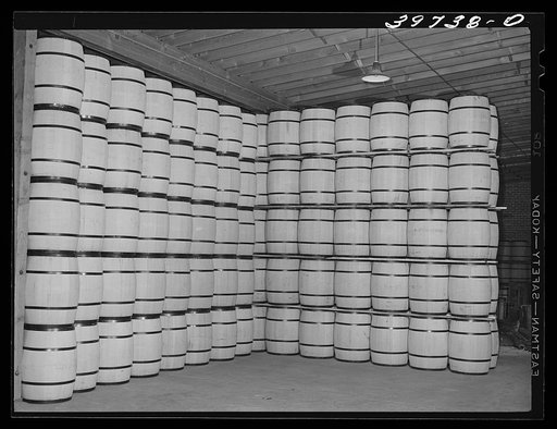 Barrels of powdered milk at the Dairymen's Cooperative Creamery. Caldwell, Canyon County, Idaho