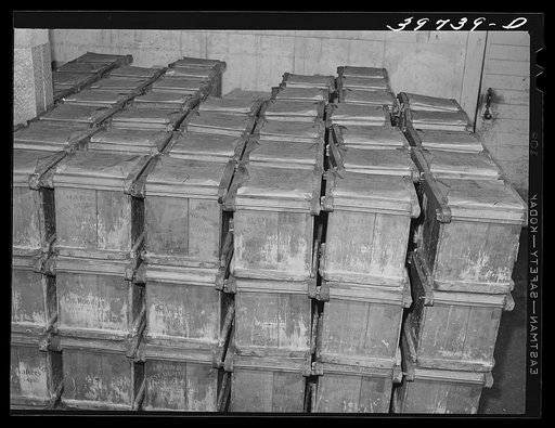 Tubs of butter at the Dairymen's Cooperative Creamery. Caldwell, Canyon County, Idaho