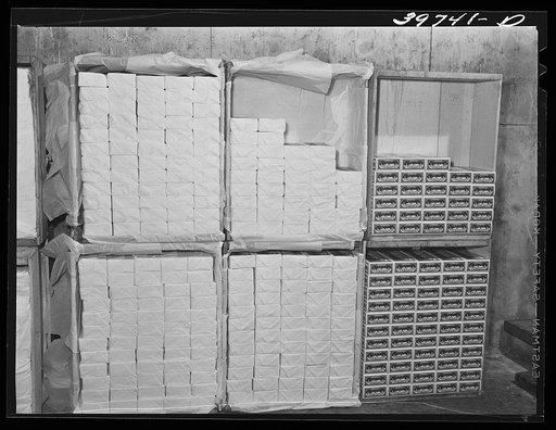 Untitled photo, possibly related to: Pound packages of butter at the Dairymen's Cooperative Creamery. Caldwell, Canyon County, Idaho. Challenge is a cooperative marketing association to which the co-op belongs