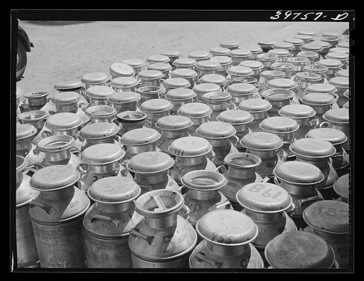 Milk cans at the Dairymen's Cooperative Creamery. Caldwell, Canyon County, Idaho. Each member has a number and this number is painted on his milk cans