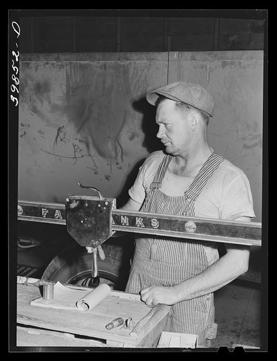 Untitled photo, possibly related to: Weighing truckload of shelled (bulk) wheat at elevator. Eureka, Walla Walla County, Washington