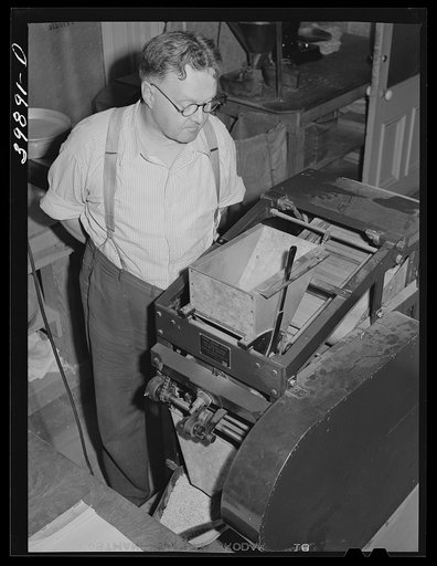 Untitled photo, possibly related to: State inspector running dockage test on wheat. Walla Walla County, Washington