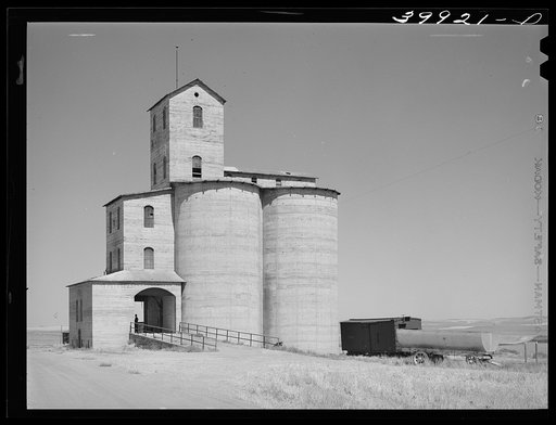 Wheat elevator, privately owned, on farm on Eureka Flats. Walla Walla County, Washington