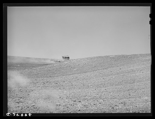 Untitled photo, possibly related to: Tractor-drawn harrow in summer fallow. Whitman County, Washington