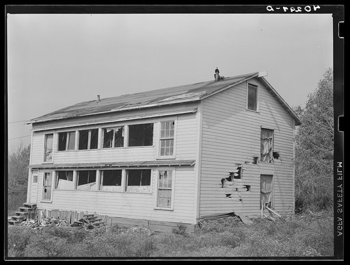 New England hurricane. Chicken house damaged by the debris from a second chicken house which was demolished between Worcester and Amherst, Massachusetts