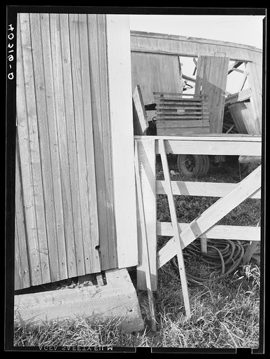 New England hurricane. Corner of barn in Connecticut showing how the barn was moved off its foundations