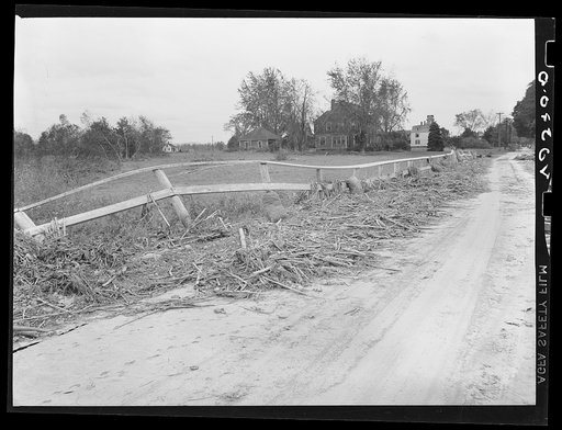 New England hurricane. Onion, corn stalks, and debris washed across the road by the Connecticut River near Northampton, Massachusetts