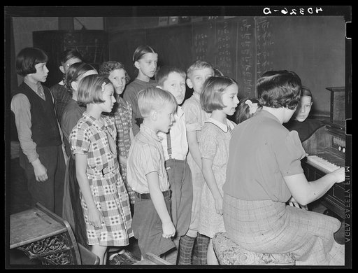 Lancaster County, Pennsylvania. The children in Martha Royer's school singing the "Star Spangled Banner." Notice the Amish boy on the extreme left