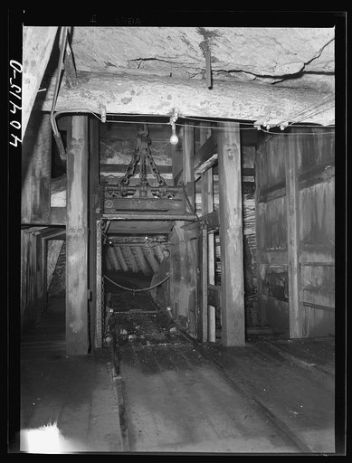 Shenandoah, Pennsylvania. A car (elevator) at the bottom of a shaft seven hundred feet below the surface at Maple Hill mine