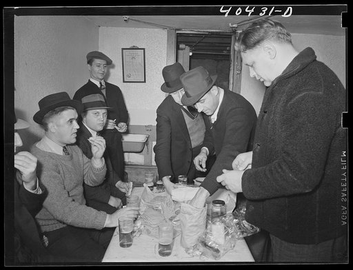 Shenandoah, Pennsylvania. Beer party in Joe Gladski's cellar. Mr. Gladski is in the right foreground