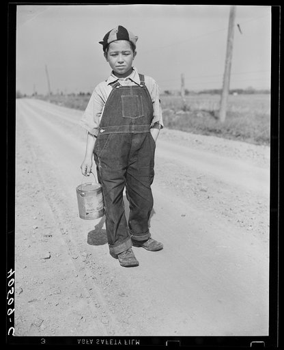 Boy on way home from school. Can contains his lunch. Near Sterling, Virginia