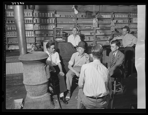 Interior of general store at Stem, Granville County, North Carolina, with high school boys dressed up because it's Election Day