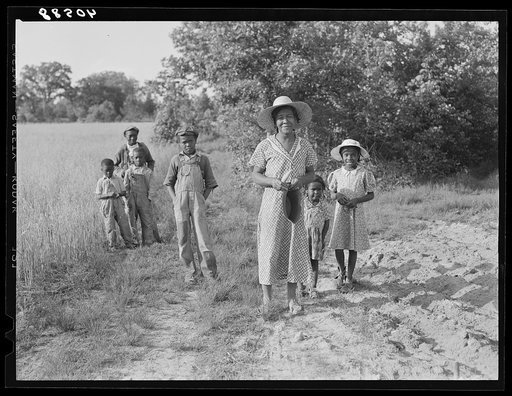 Untitled photo, possibly related to: Negro tobacco planter's family. The three children in the background are those of a neighbor. Near Farrington, North Carolina. Chatham County