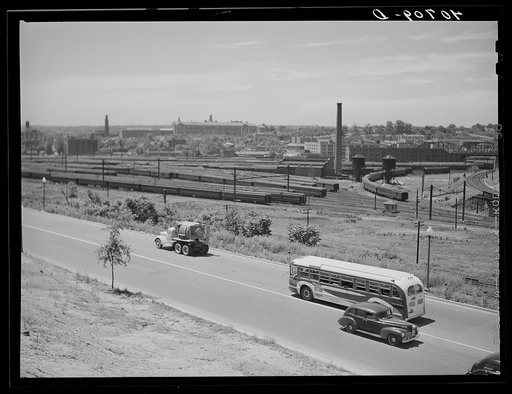 U.S. Highway No. 1. New York Avenue and train yard. Washington, D.C.