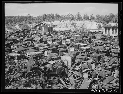 Untitled photo, possibly related to: "We wreck anything!" Auto graveyard near Sulphur Springs, Maryland, on U.S. Highway No. 1