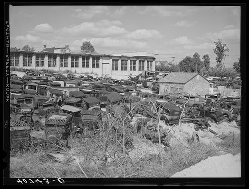 Untitled photo, possibly related to: "We wreck anything!" Auto graveyard near Sulphur Springs, Maryland, on U.S. Highway No. 1