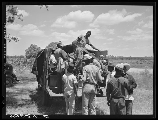 Florida migratory agricultural workers leaving Old Trap, North Carolina, for New Jersey. The truck holds thirty-seven persons