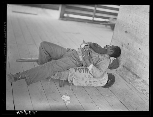 Migratory agricultural worker sleeping in grading station at Camden, North Carolina