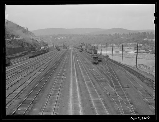 Railroad yard of the Lehigh Valley Railroad along the bank of the Lehigh River at Mauch Chunk, Pennsylvania