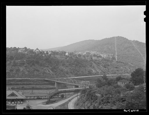 Untitled photo, possibly related to: View of upper Mauch Chunk from East Mauch Chunk. In the background is Mount Pisgah and the second cut in the mountain from the right is the remains of the old switchback