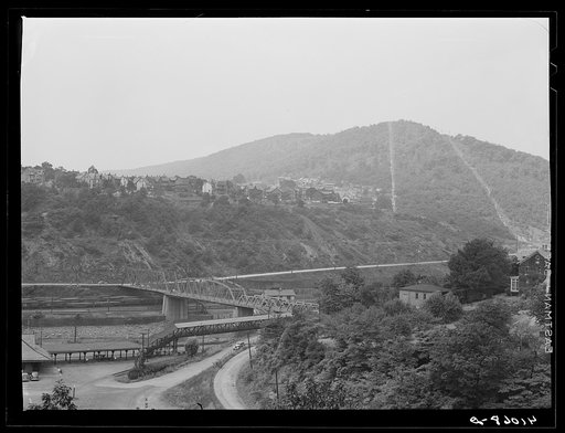 View of upper Mauch Chunk from East Mauch Chunk. In the background is Mount Pisgah and the second cut in the mountain from the right is the remains of the old switchback