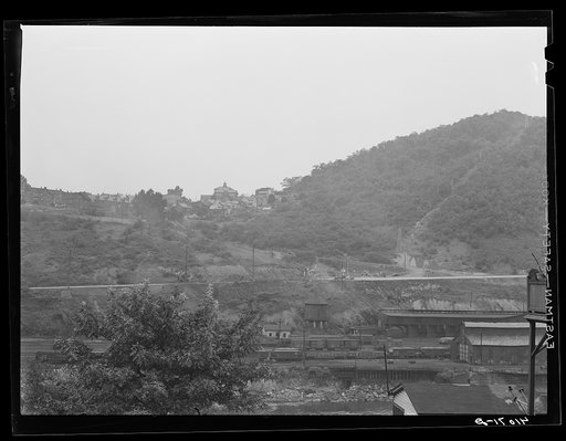 Untitled photo, possibly related to: View of upper Mauch Chunk from East Mauch Chunk. In the background is Mount Pisgah and the second cut in the mountain from the right is the remains of the old switchback