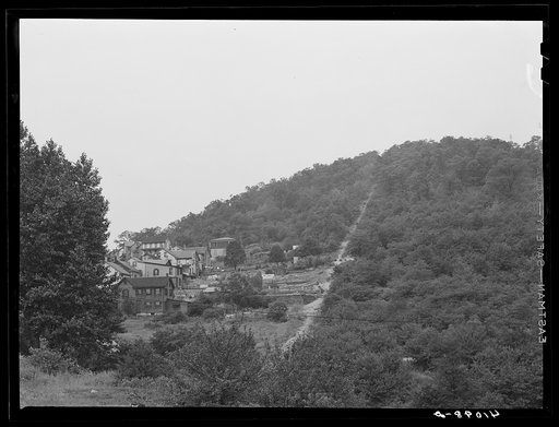 Untitled photo, possibly related to: View of upper Mauch Chunk from East Mauch Chunk. In the background is Mount Pisgah and the second cut in the mountain from the right is the remains of the old switchback