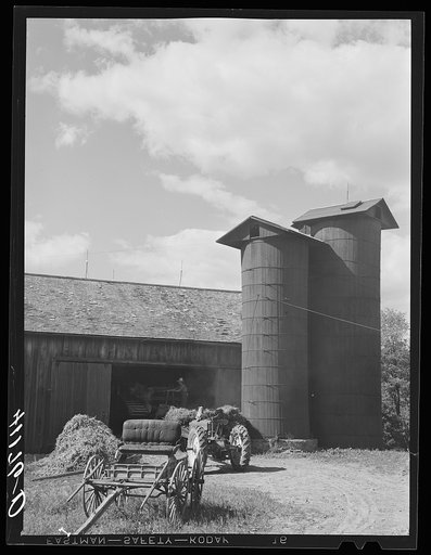 Silos and threshing operations along Route 15 near Liberty, Pennsylvania