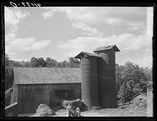 Untitled photo, possibly related to: Silos and threshing operations along Route 15 near Liberty, Pennsylvania