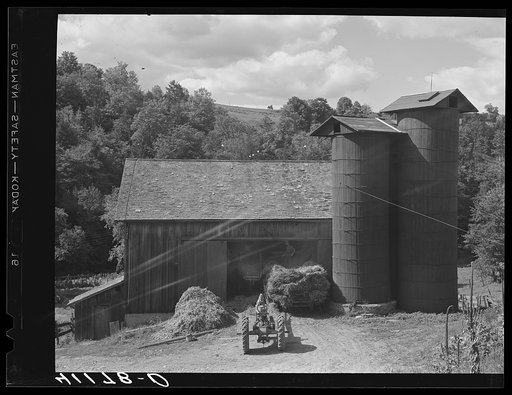 Untitled photo, possibly related to: Silos and threshing operations along Route 15 near Liberty, Pennsylvania