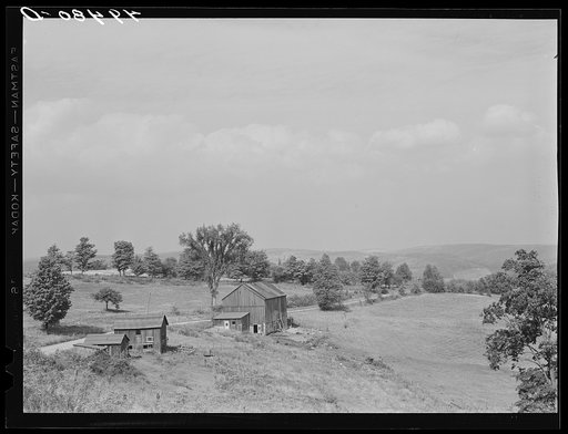 Farm buildings and landscape showing type of country in Sugar Hill, near Townsend, New York