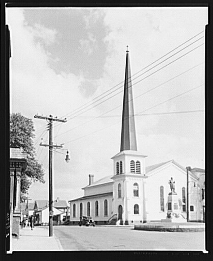 Church and civil war memorial in the town square at Thompsonville, Connecticut