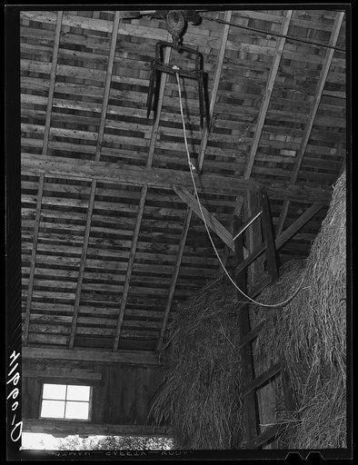 Hay-fork hanging in a dangerous position on a farm near North Branford, Connecticut (safety film)