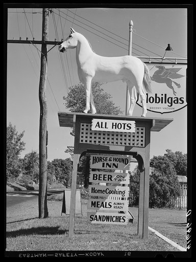 White Horse Whiskey advertisement in front of Horse and Hound Inn on Route 6. Watertown, Connecticut