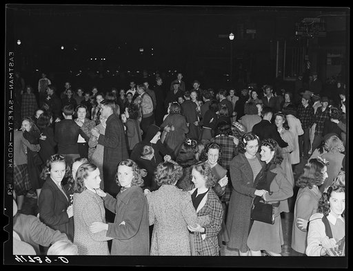 The evening program after the Barrel Rolling Contest consisted of dancing in the street (plenty of jitterbugging). Presque Isle, Maine